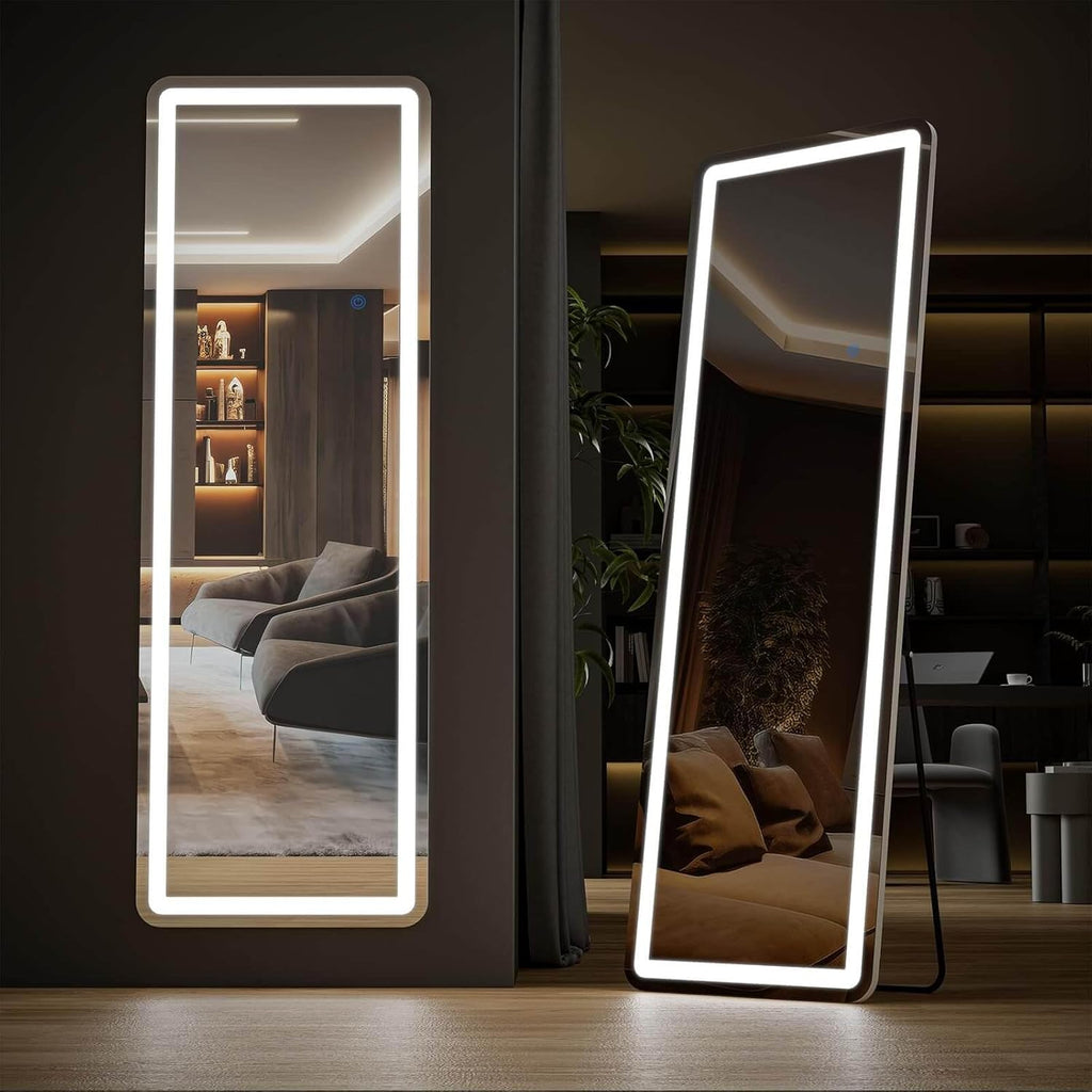 65" x 24" Full Length Mirror with Lights and Stand Touch Control - Wall Mounted and Floor Standing Mirror,LED Lighted Full Body Dressing Mirror,Vanity Mirror for Bedroom(White)