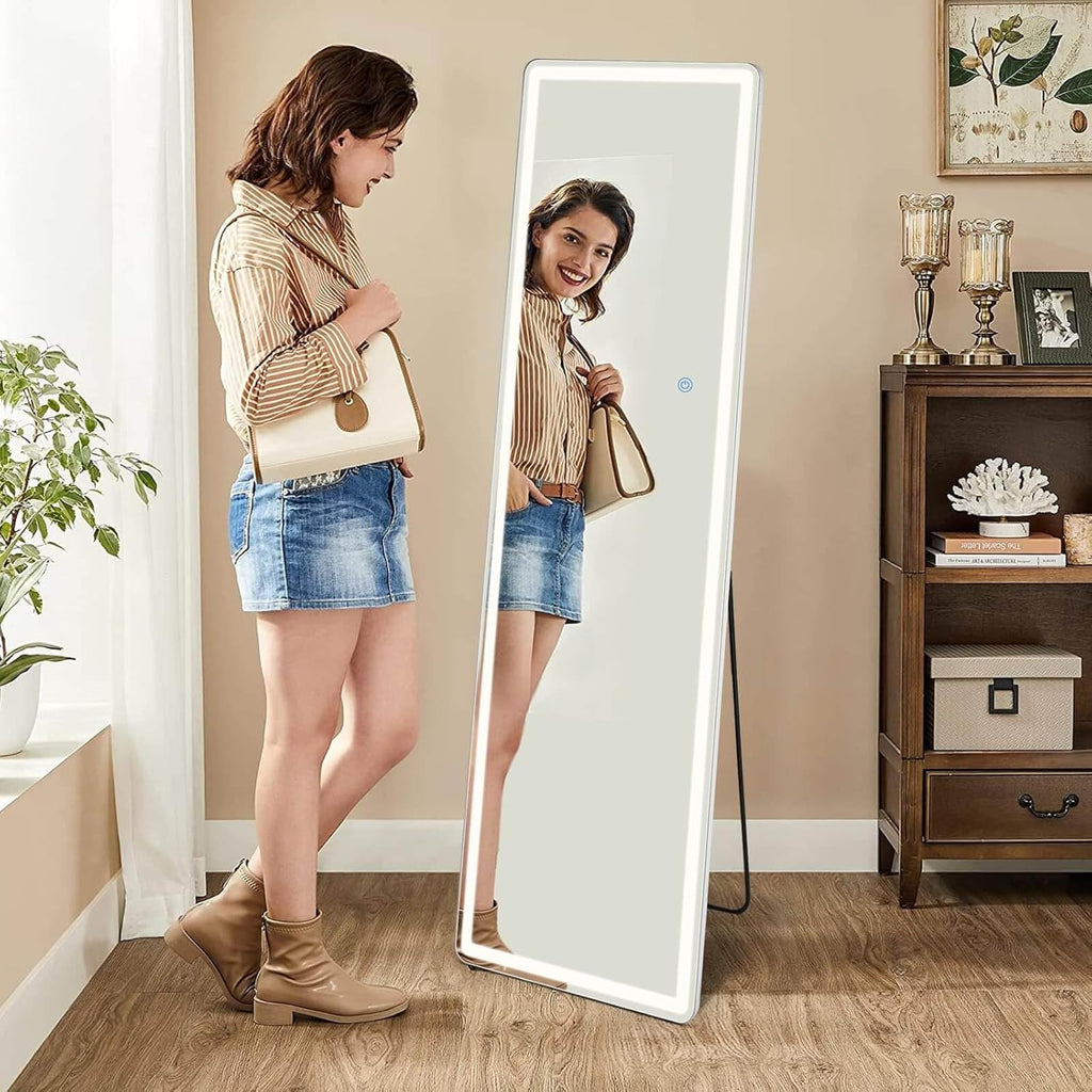65" x 24" Full Length Mirror with Lights and Stand Touch Control - Wall Mounted and Floor Standing Mirror,LED Lighted Full Body Dressing Mirror,Vanity Mirror for Bedroom(White)
